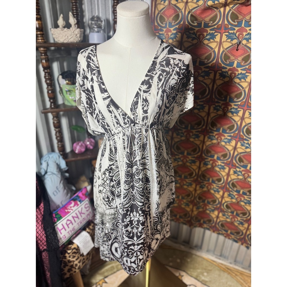 Cristinalove Black White‎ Print Mini Dress V Neck Short Sleeve